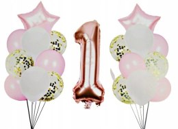 Balony cyfra roczek jednynka urodziny róż 20 szt