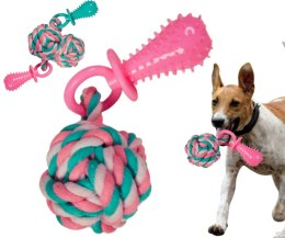 Zabawka dla psa piłka pleciona i gryzak gumowy smoczek ZESTAW różowy