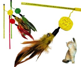 Wędka dla kota zabawka na gumce z dzwonkiem piłka piórka 46 cm żółta